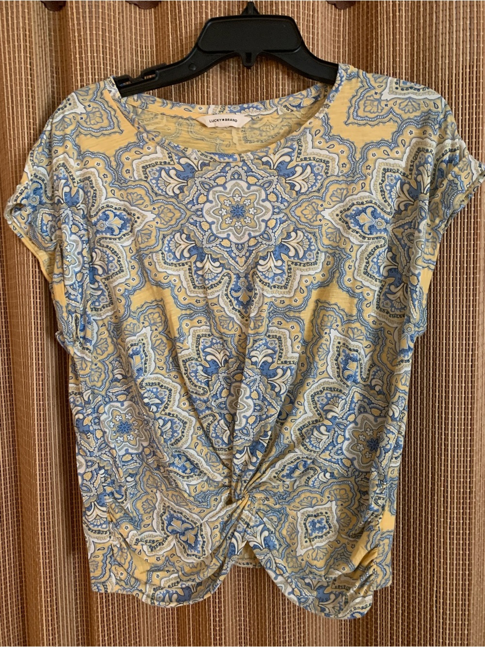 Lucky Brand Yellow & Blue Paisley Twist-Front Short Sleeve Top